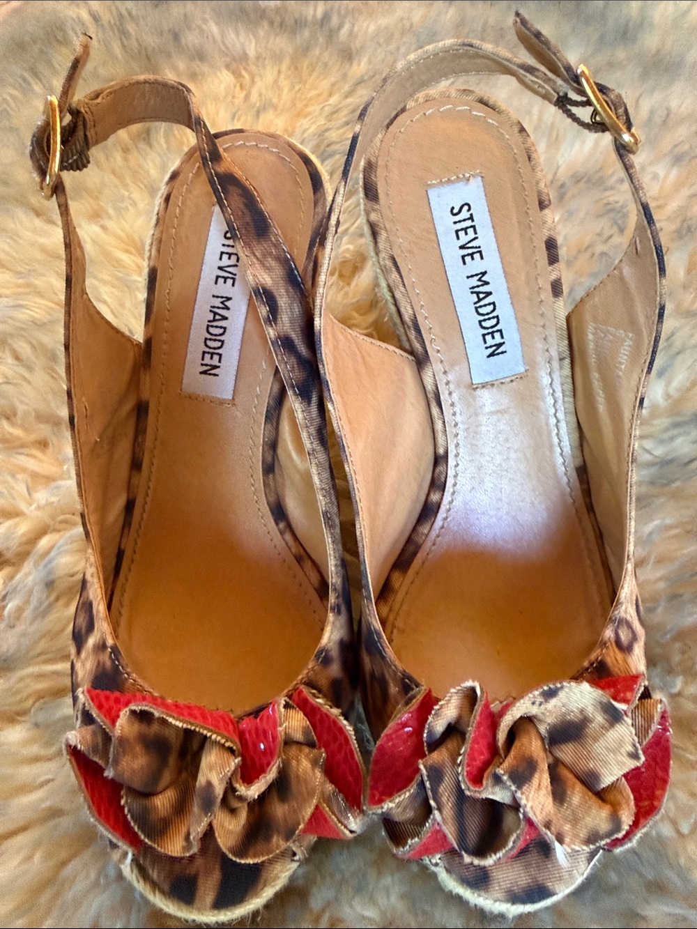 Steve Madden Leopard Slingback Wedges with Red Ruffle Trim
